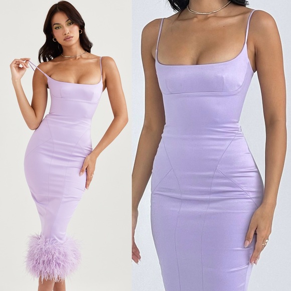 House of CB ‘Helena’ Orchid Satin Midi Dress with Feathered Trim - Picture 4 of 6